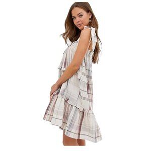 Cottagecore Tiered Smock Dress with Tie Shoulders, Creamy White Plaid, XL